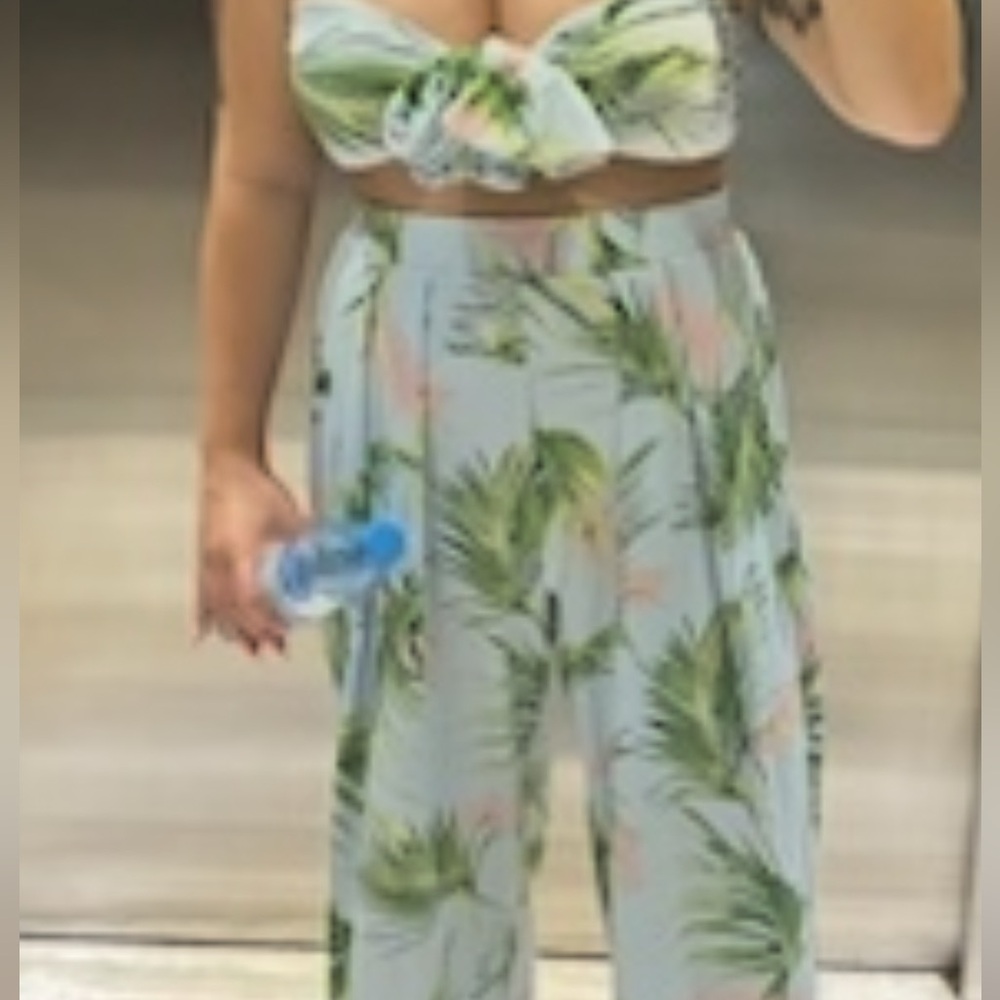 Fashion Nova Tropical Print Two-Piece Set - Green and White